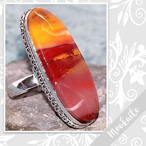 Mookaite Jasper Silver Artisan Ring, Sz 7 (Red, Burgundy, Orange, Yellow / Gold)